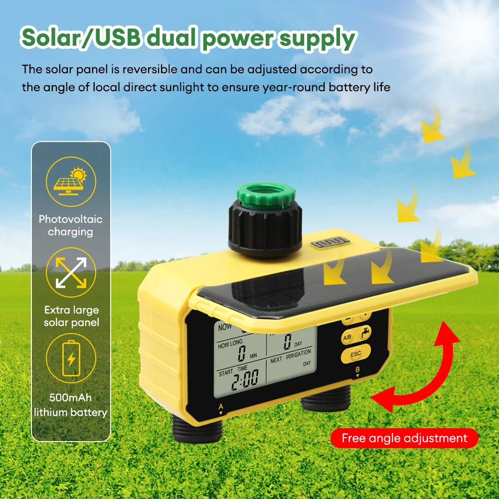 Smart Dual Water Controller Solar Charge and Rain Sensor 3/4" 1/2"