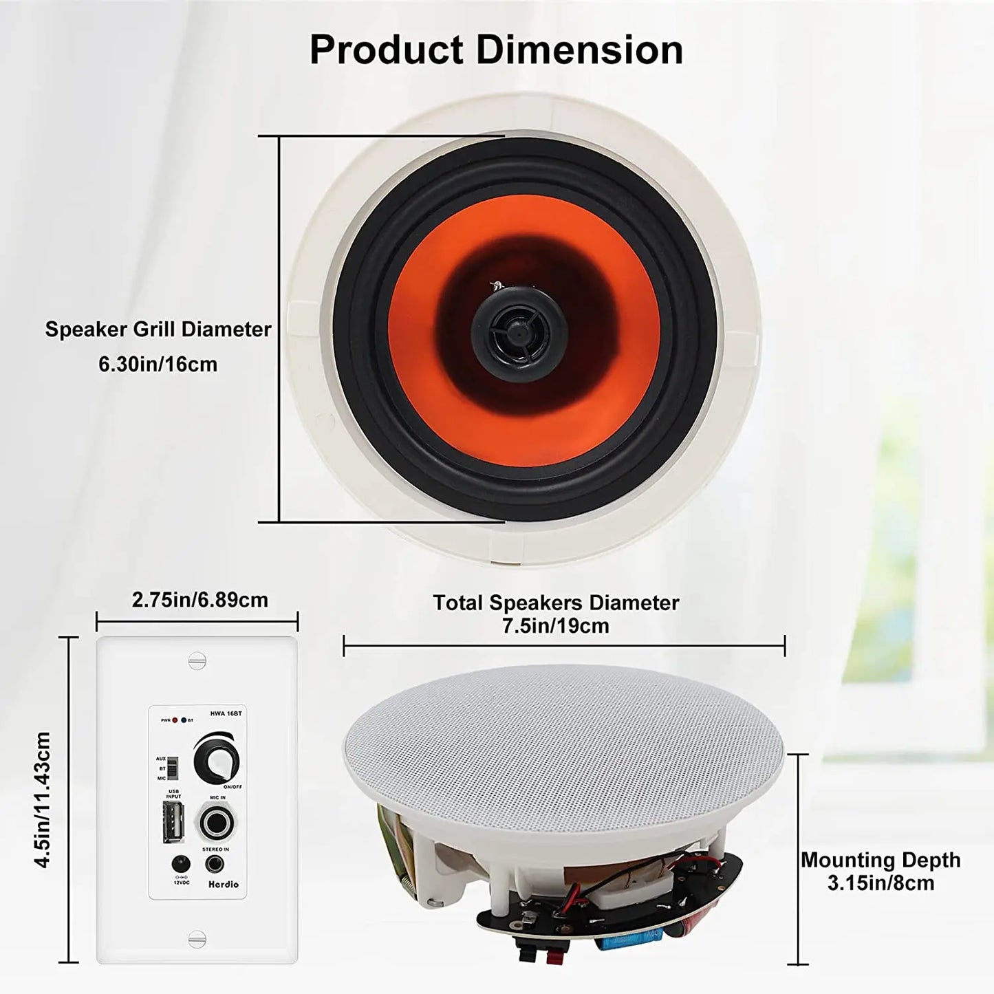 2x Herdio 6.5'' 320 Watts Ceiling Speakers with Bluetooth Wall Amplifier