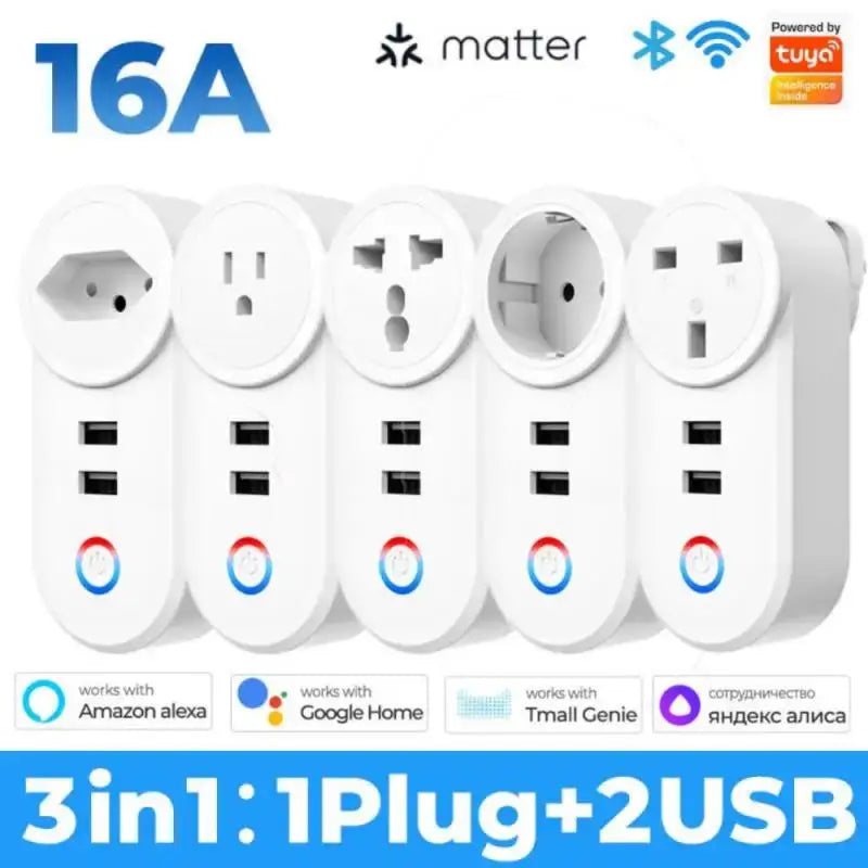 16A Tuya Matter WiFi Smart Plug With 2 USB Charger