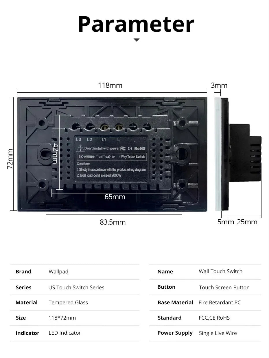 1 2 3 Gang,  2 3 Way Wall Touch Switch