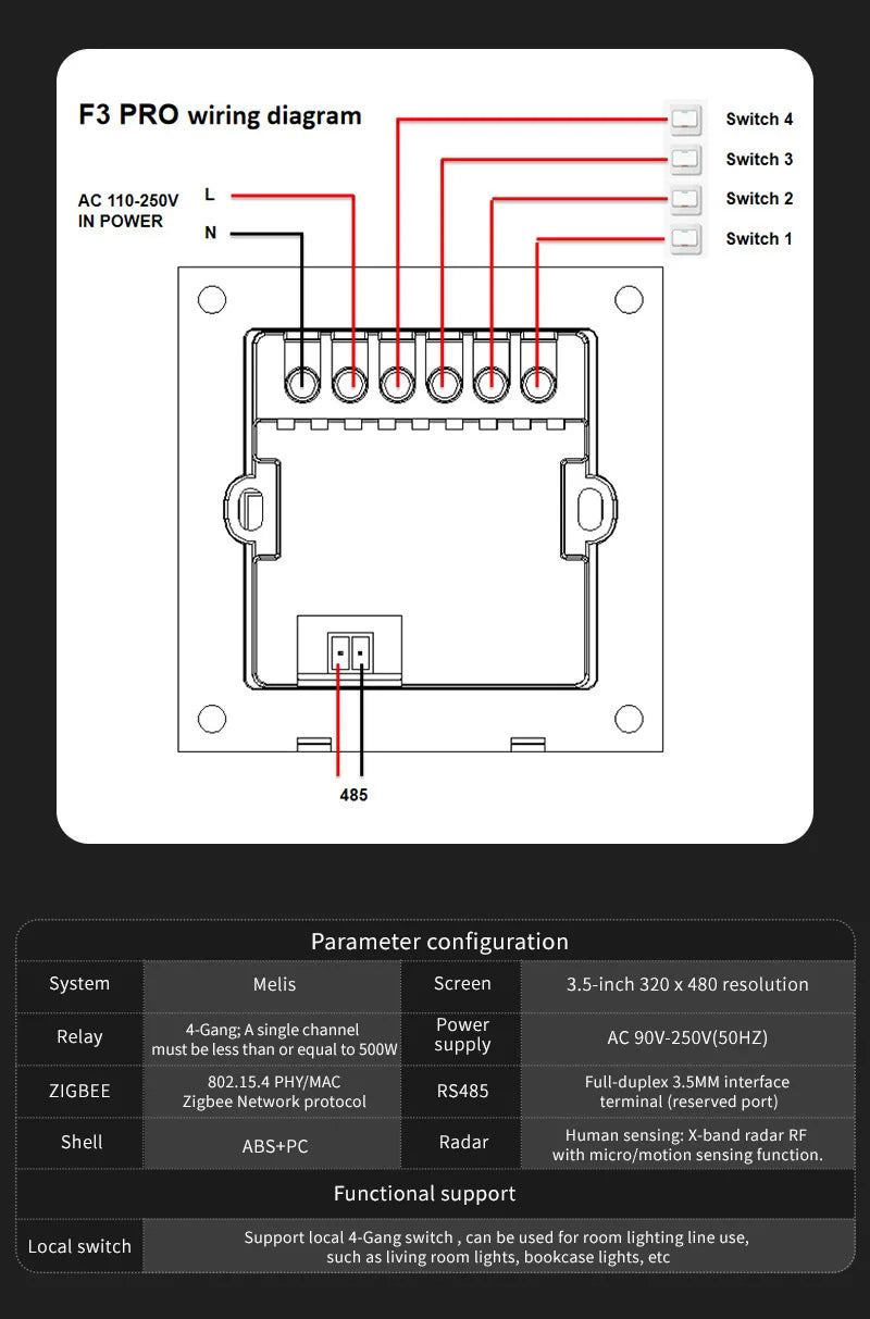 3.5 Inch Smart Wall Switch Touch Screen 4 Groups Switch 8-way