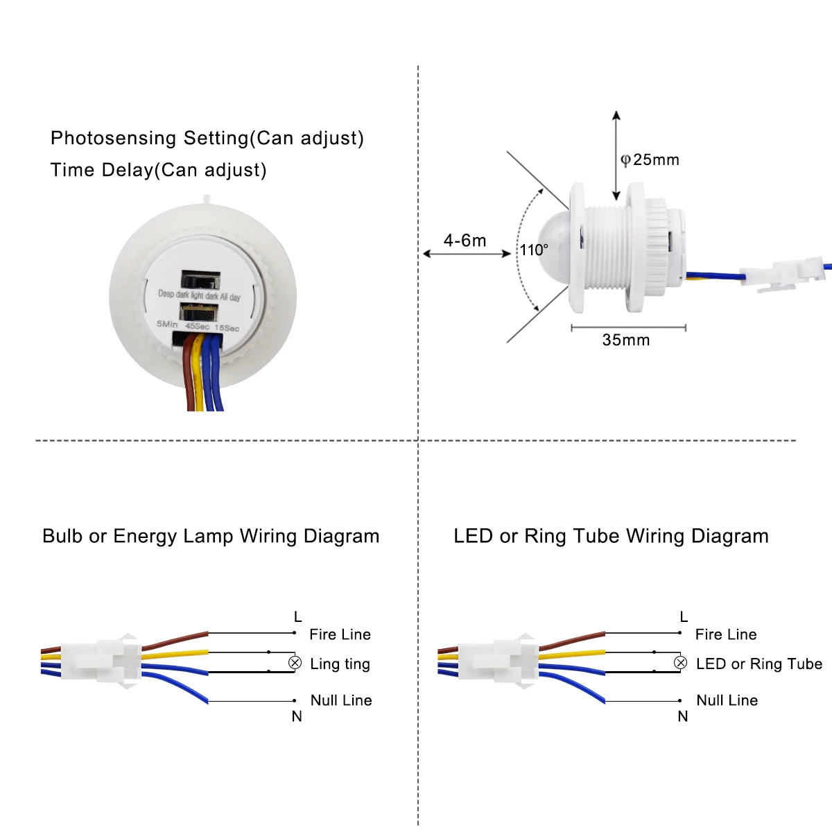 1/2/4 Pcs Wired PIR LED Sensor