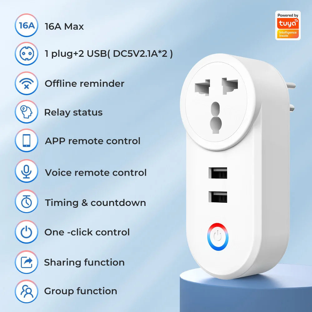 16A Tuya Matter WiFi Smart Plug With 2 USB Charger
