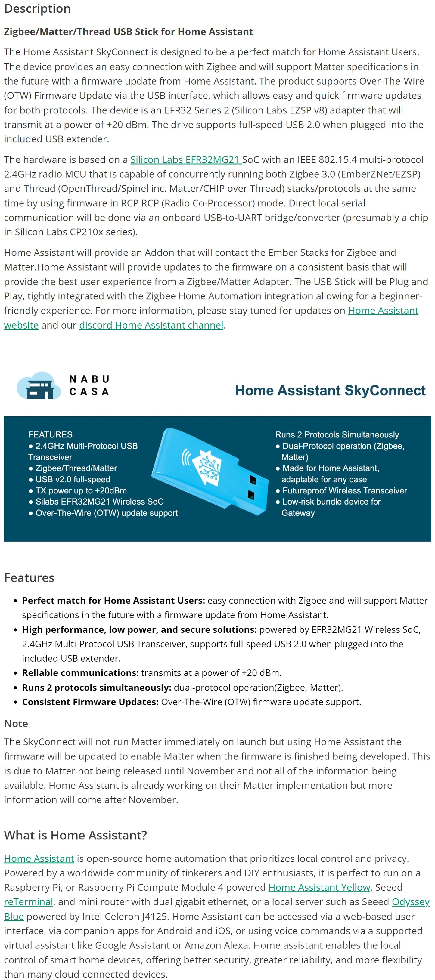 Home Assistant Green Original SkyConnect USB Stick Compatible with Zigbee/Thread/Matter, ideal for Smart Home