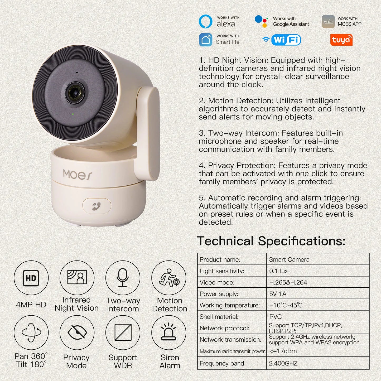 MOES Tuya Pan/Tilt Smart Security Camera 4MP HD Infrared Night Vision Motion Sound Detection