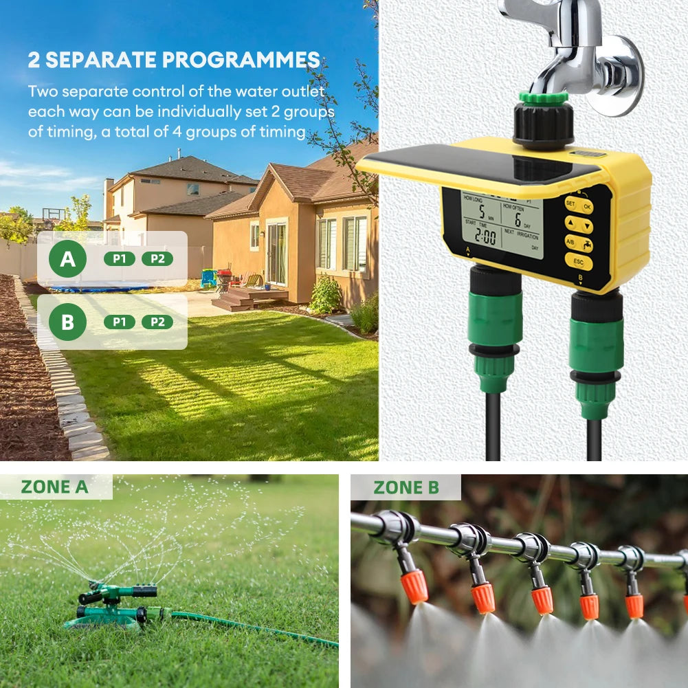 Smart Dual Water Controller Solar Charge and Rain Sensor 3/4" 1/2"