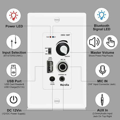 2x Herdio 6.5'' 320 Watts Ceiling Speakers with Bluetooth Wall Amplifier