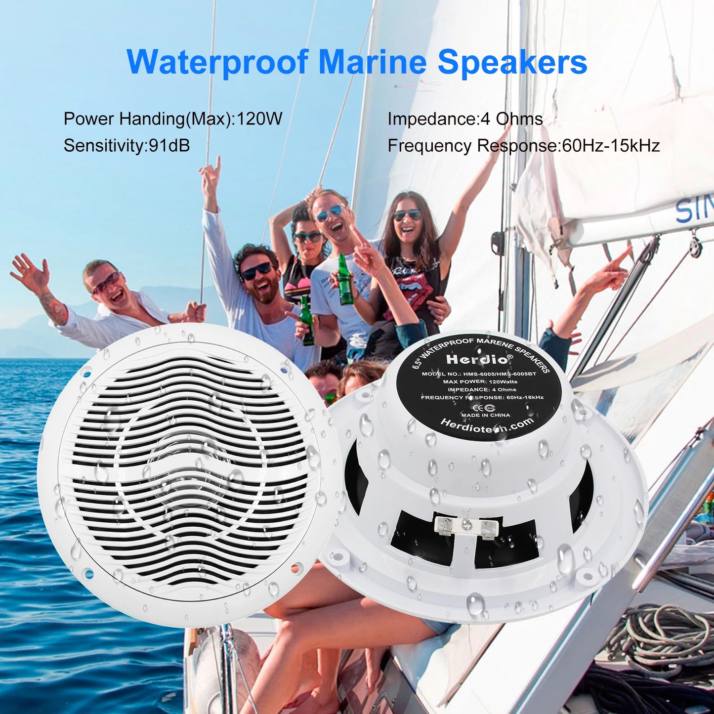 2x Herdio 6.5'' 120W  Waterproof Speakers Waterproof White