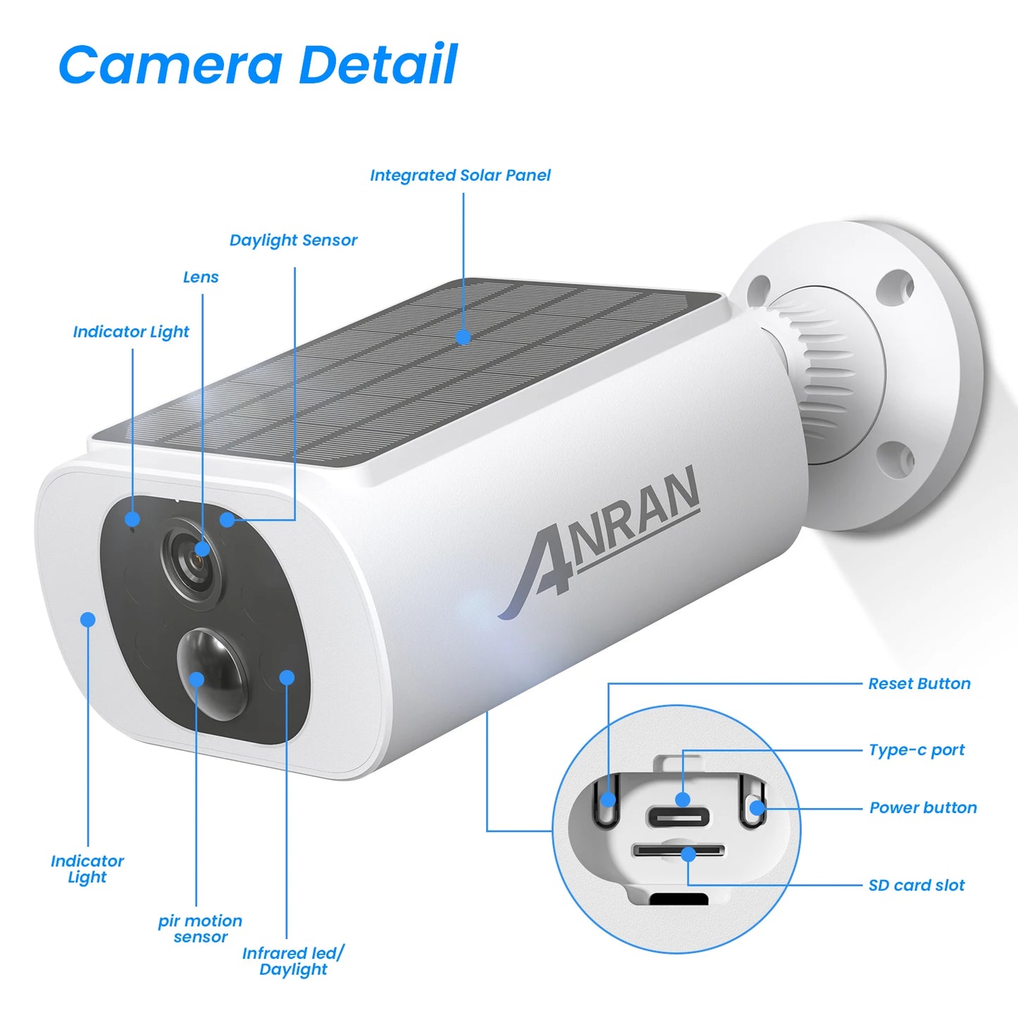 ANRAN IP65 2K Wireless Solar Camera Outdoor Surveillance With  Integrated Battery
