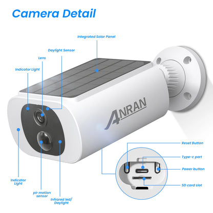 ANRAN IP65 2K Wireless Solar Camera Outdoor Surveillance With  Integrated Battery